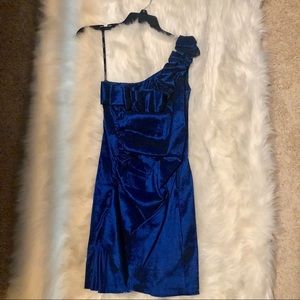 Blue One Shoulder Ruffled Straight Line Dress